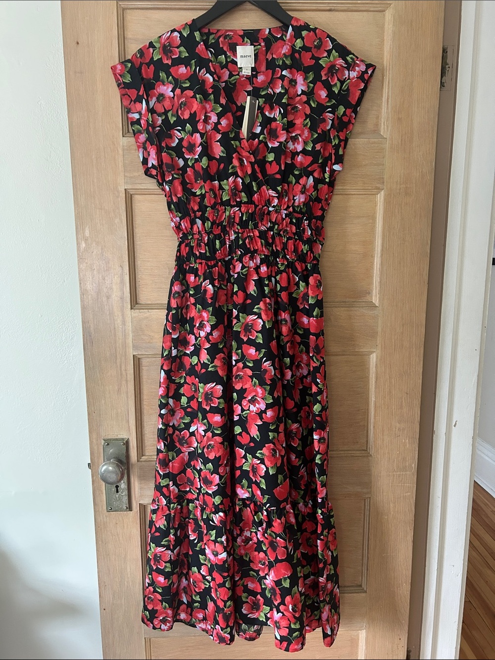 Anthropologie Maeve Black Floral Midi Dress with Red/Pink Blooms